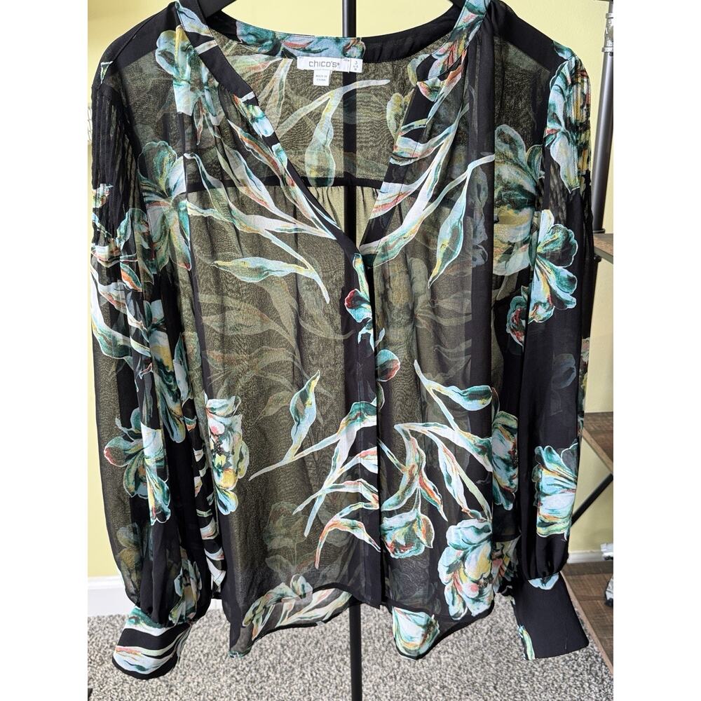 Chico’s Sheer Floral Blouse Women’s Size 3 (16) Black Print Long Sleeve Boho Top